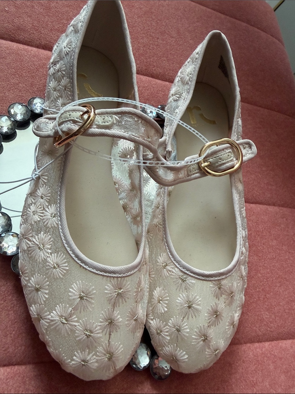 Report Cream Floral Embroidered Mary Jane Flats with Gold Buckles